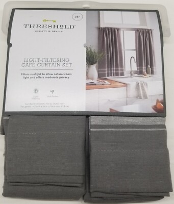 Threshold Light Filtering Cafe Curtain Set 42''×36'' Gray w/Cream Stripe - NEW