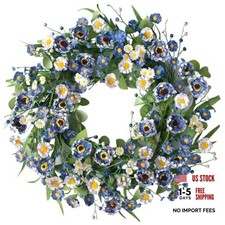 White Daisy Spring Wreath for Front Door, 22 Inch Spring Summer Floral Blue