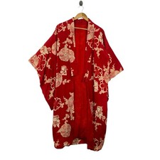 Vintage 70s KIMONO JAPAN  FLORAL Pattern Red Traditional Geisha