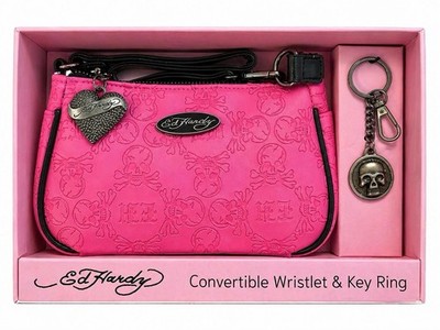 Ed Hardy Pink Skull Heart Logo Faux Leather 2-Piece Accessory Set