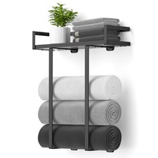 Towel Racks for Bathroom Wall Mounted, Metal Towel Holder with Wooden Shelf f...