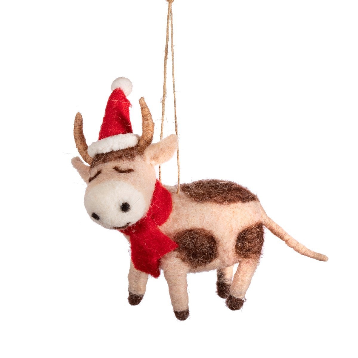 Sass and Belle Felt Cow Christmas Tree Decoration with Rustic Hanging Twine