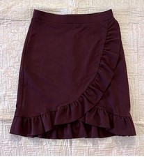 Loft Petites Burgundy Faux Wrap Ruffle Hem Stretchy Knit Skirt XSP Petite XS