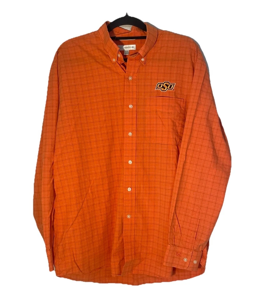Camisa Cutter & Buck para hombre OSU XL con botones naranja a cuadros logotipo del estado de Oklahoma Foto 2 de 4