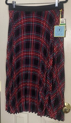 Cece Glamour Medley Rich Black Pleated Plaid Skirt Large NWT