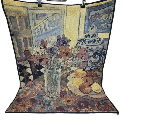 VTG Tapestry Anemones Tablescape Riddle Home Wall Hanging Flowers Vase Fruit