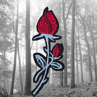 DARK RED ROSE FLOWER WITH GREEN LEAVES ON STEM EMBROIDERED IRON ON PATCH
