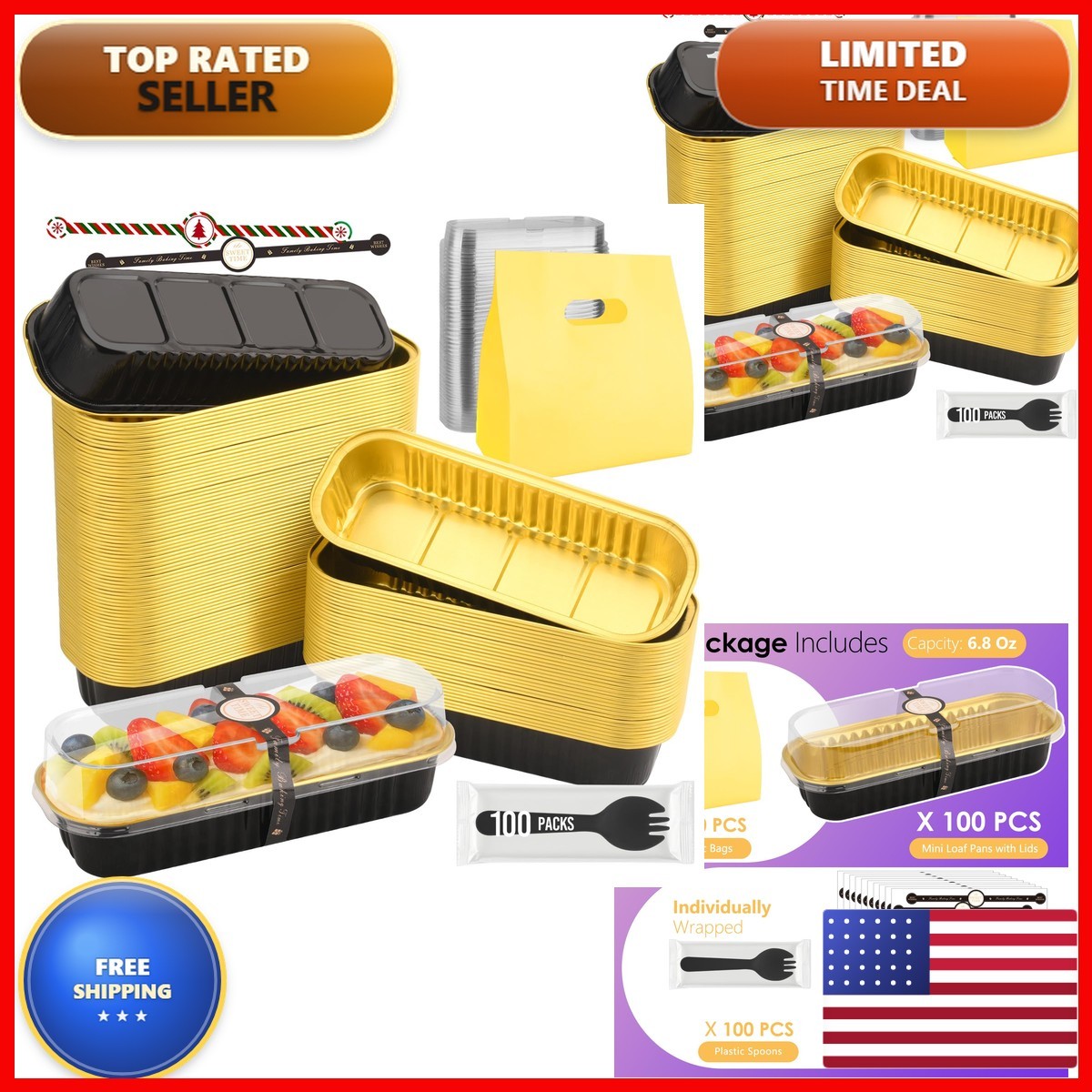 HEYDIUDIU Mini Loaf Pans Lids And Spoons, 100 PCS 6.8oz Mini Cake Pans Baking
