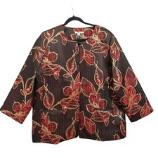 NWT Chicos Travelers Floral Open Front Jacket Red Gold Metallic Brown Size 3 XL
