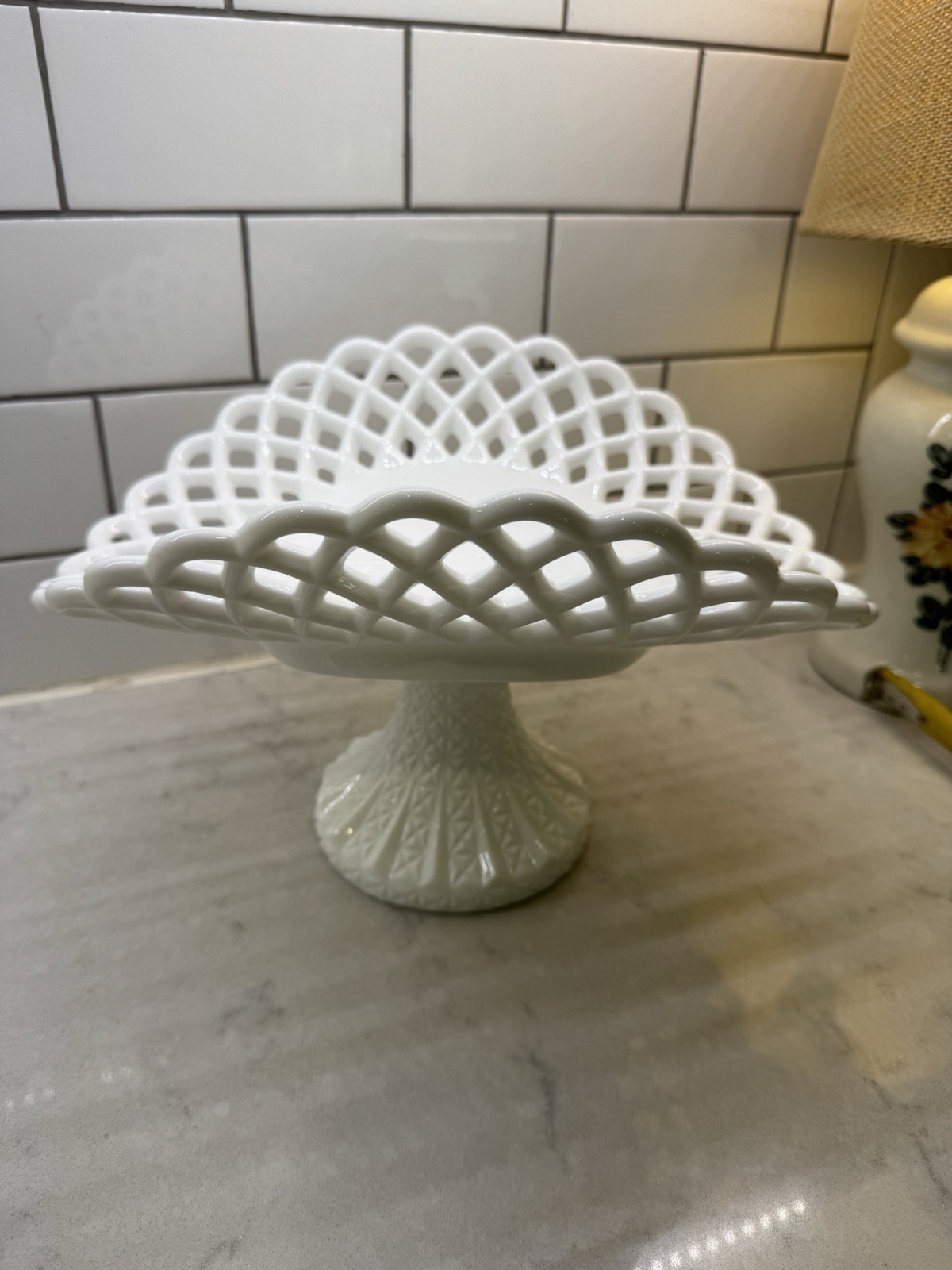 Fenton White Milk Glass Vintage Lace Banana Boat Cake Plate Compote Stand