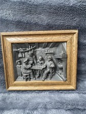Zinn Relief Bild im Holzrahmen – Kartenspieler Wirtshaus – Vintage Wandbild