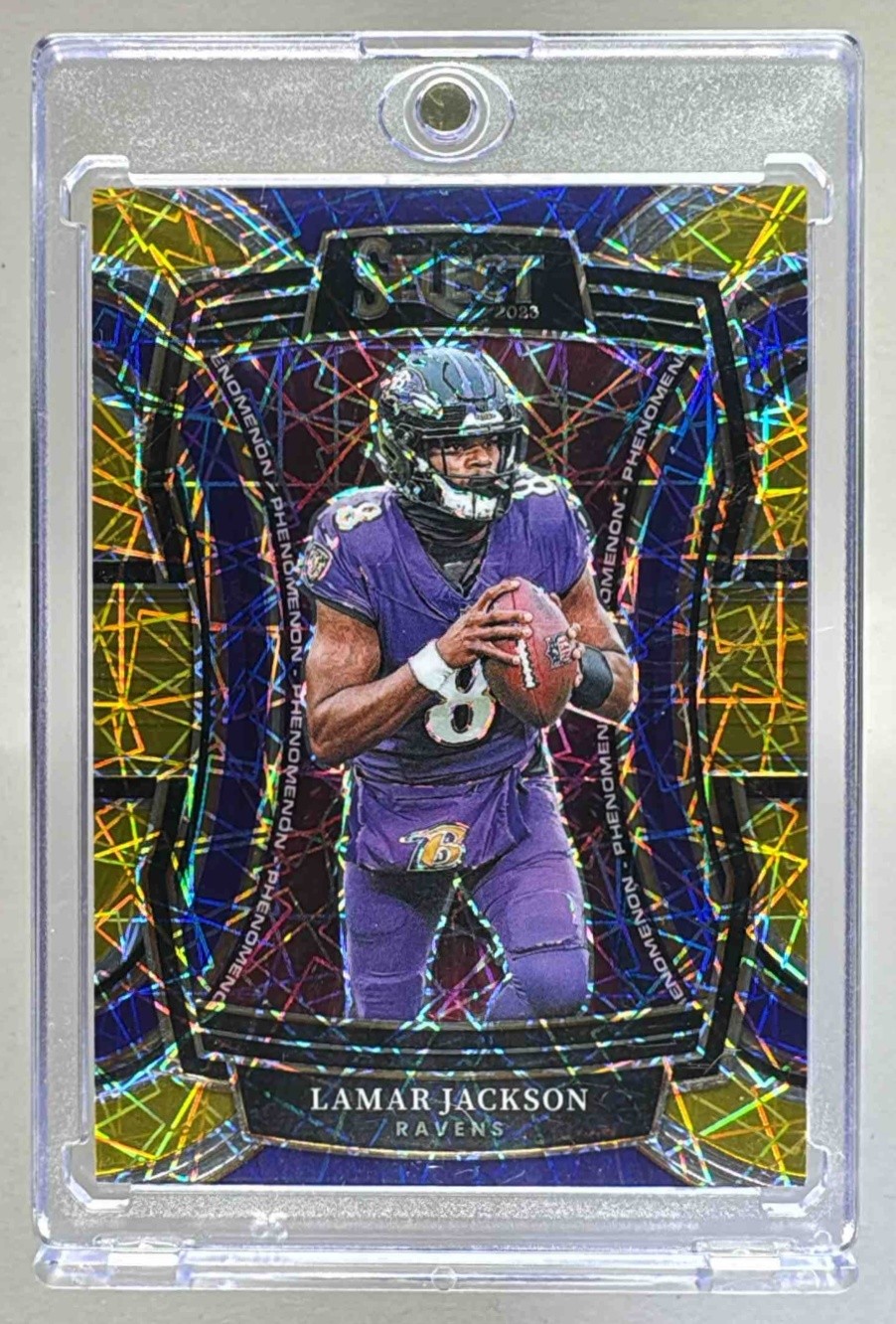Lamar Jackson 2023 Panini Select #PH-LJA Gold Prizm Phenomenon /10