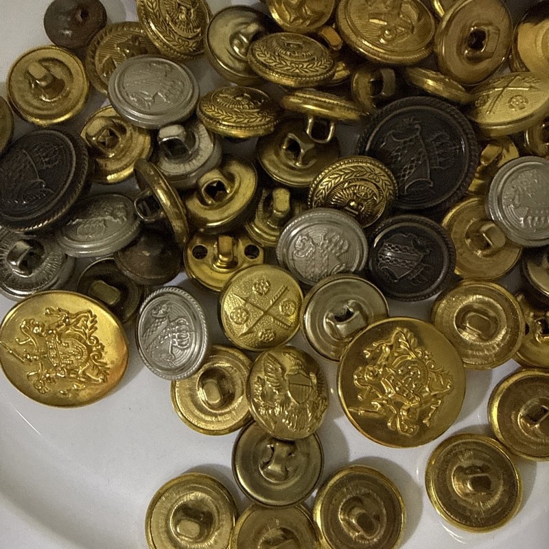 Lot of 67 Gold And Silver Tone Metal Shield Crest Shank Buttons/ No Makers Mark