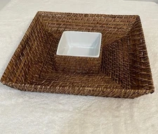 Vintage Woven Wicker Basket Chip & Dip Appetizer Tray   & Inner Dipping Bowl
