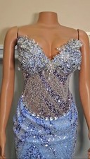 Silver Blue Sequin Beaded Sweetheart Mermaid Long Formal Gown Sleeveless