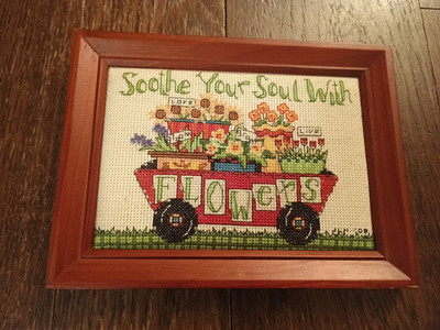 Soothe Your Soul with Flowers in wagon Cross Stitch Complete Framed 6x8'' PRETTY!