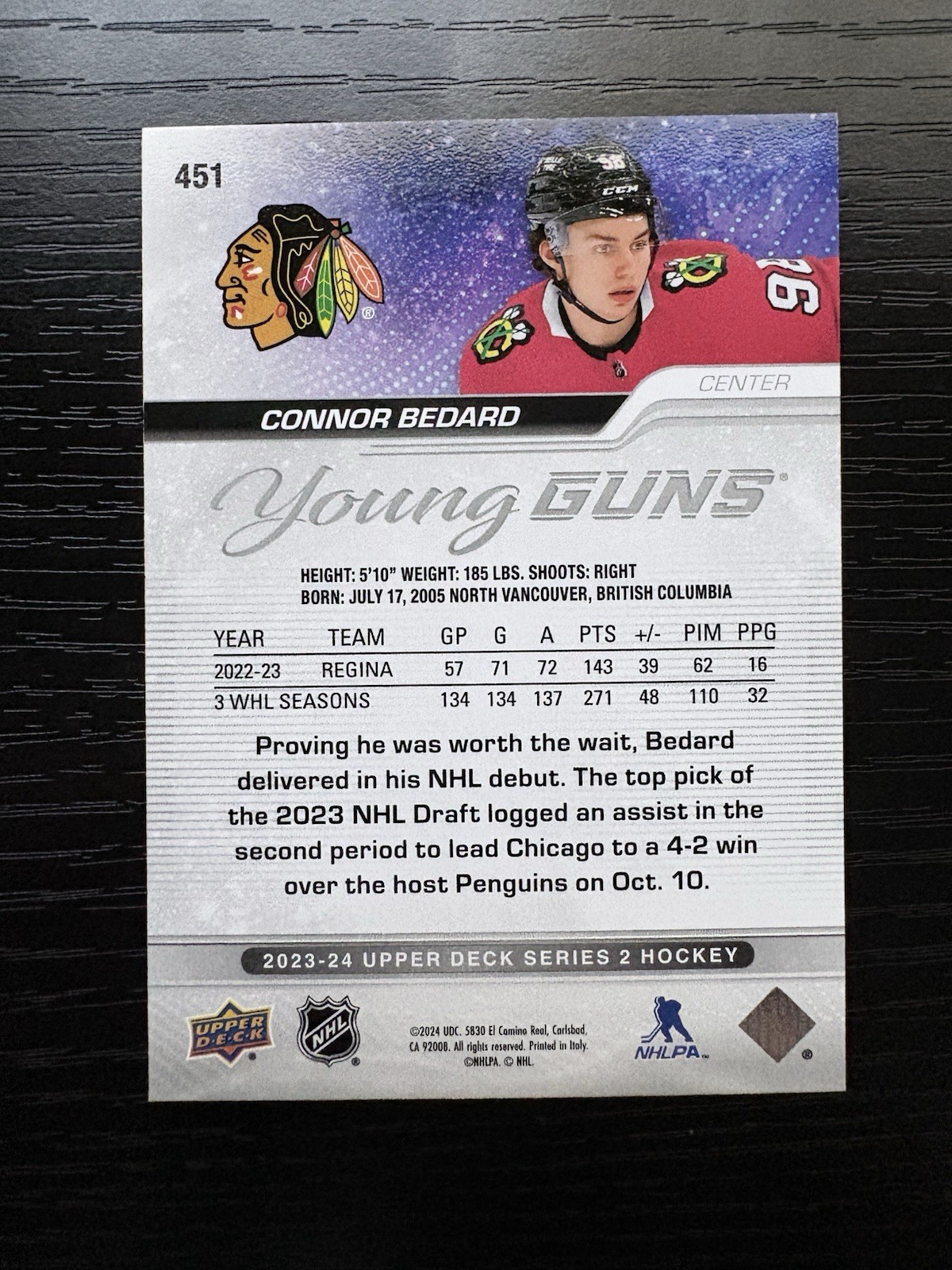 Upper Deck 2023-24 Series 2 Connor Bedard Young Guns Rookie #451 Great Condition view 2