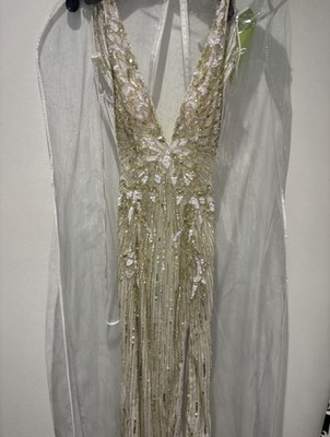 White Gold Beaded Sequin Prom Gown V-Neck Long Strappy Slit Sleeveless Formal