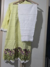Chikankari 2-Piece Suit Asian Pakistani Clothes Yellow And White Embroided, L