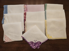 Vintage 10 Piece Linen Cotton Handkerchiefs Crochet Tatted Lace Trim Hankies