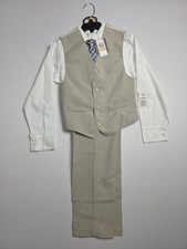 Van Heusen 4pc Tan/White Vest Shirt Tie  Pant Vest Set, NWT Boys Suit Size 7