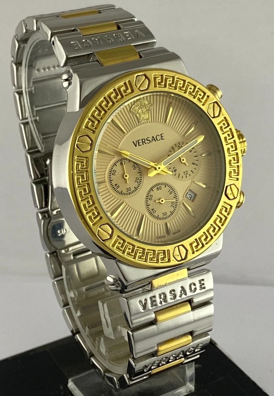 Orologio da Polso Uomo Classico Versace Cronografo Quadrante Giallo Quarzo Data Indicatore