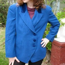 Christian Dior Vtg 80s Dress Jacket Sapphire Blue Velvet Trim Worsted Wool M 10