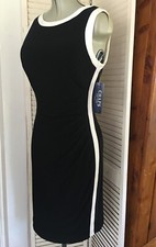 Chaps L Black Cream Sides Stretch Ruched Sleeveless Dress Fully Lined New w/Tags