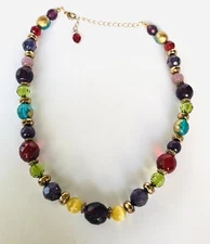 Vintage Gold Tone Red Green Blue Acrylic Bead Necklace