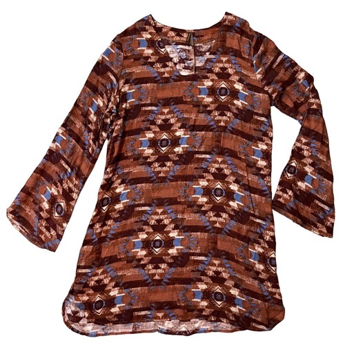 Vestido Stetson Manga Campana Azteca Navajo Occidental Rayón Marrón Southwestern Ranch - Imagen 2 de 4