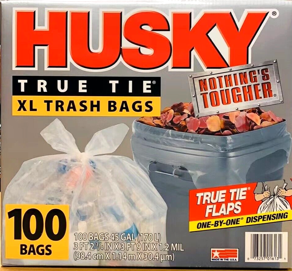 Husky True Tie XL Trash Bags, Clear, 45 Gallon, 100 ct