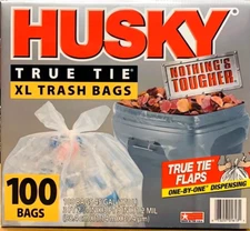 Husky True Tie XL Trash Bags, Clear, 45 Gallon, 100 ct
