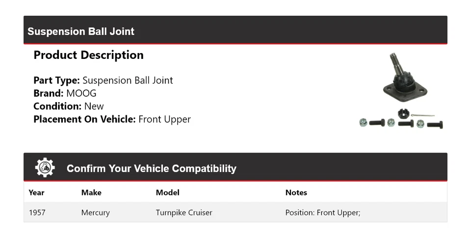 Para 1957 Mercury Turnpike Cruiser suspensão esférica junta dianteira superior MOOG - Imagem 2 de 4