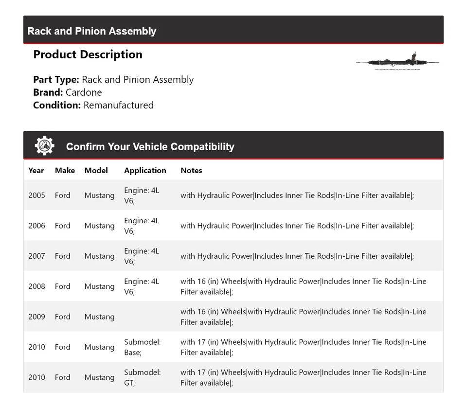 For 2005-2010 Ford Mustang Rack and Pinion Assembly Cardone 2006 2007 2008 2009 - Image 2 of 4