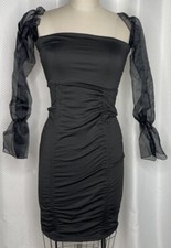WOMEN'S BODYCON DRESS SHOULDER OFF SHEER MESH LONG SLEEVE BLACK SIZE FIT SMALL 