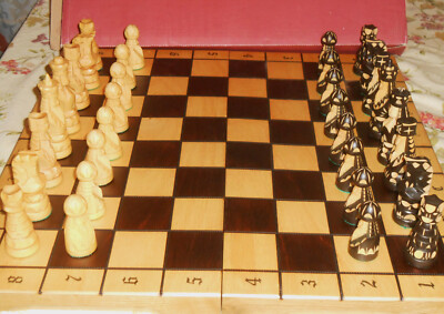 Mid Century Folk Art Carved Wood Figure Chess Set 4'' Table Game Board Poland NIB
