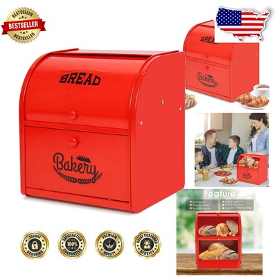 Functional Red Metal Bread Box with Roll Top - Large Capacity Kitchen Essential
