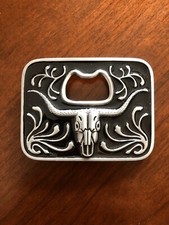 Western Longhorn Cow Steer With Bottle Opener Metal Unisex Men  s Belt Buckle