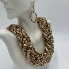 Gold Tone Mesh Style Chain Braided Extra Chunky Statement Necklace Earrings Set
