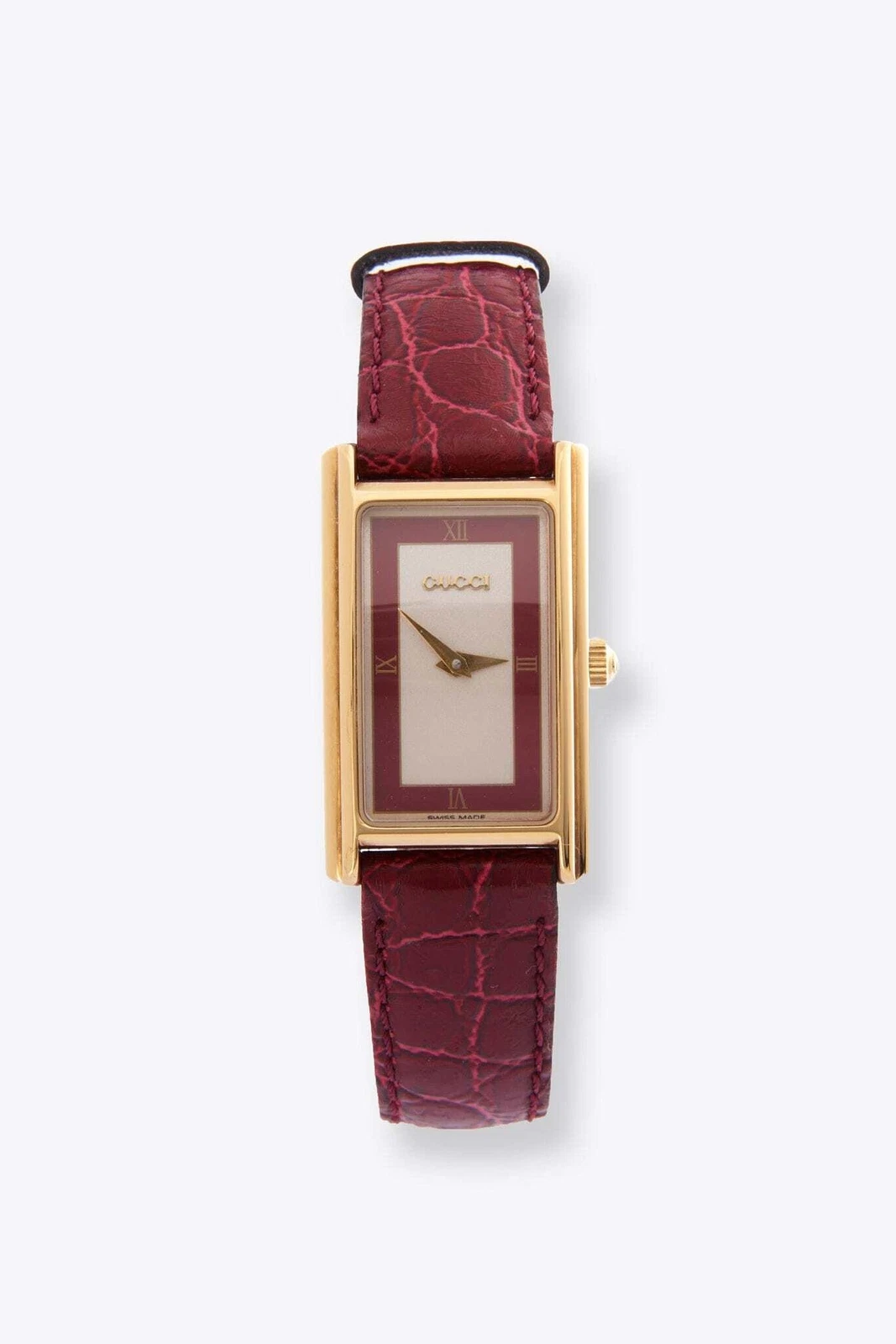 Montre Gucci vintage plaqué or avec bracelet cuir croco rouge