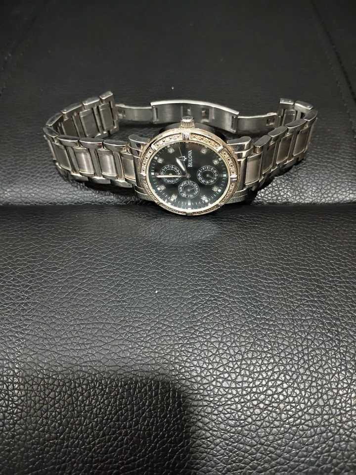 BULOVA 96E04 Diamond Accented Black Dial Day/Date Silver Tone Men's Watch $675 - Image 4 of 4