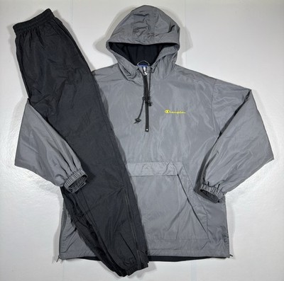 Vintage Champion Gray Black Windbreaker Track Suit Jacket Pants Mens L M Y2K 90s