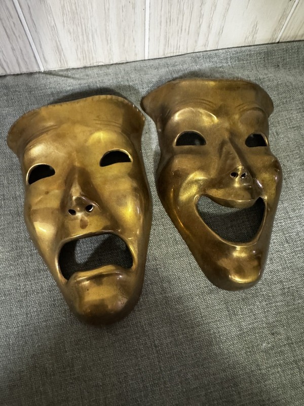 VTG Solid Brass Theater Masks Pair Comedy/Tragedy Wall Hanging Masks 7" INDIA