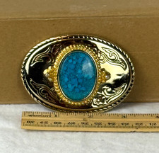 Turquoise and Coral Chip Inlay Oval Western Belt Buckle Gold Tone Made in USA