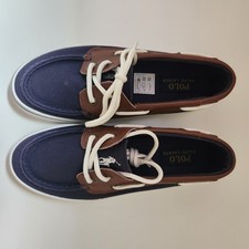 Polo Ralph Lauren Sander Boat Shoes Boys 2.5 Leather Canvas Blue Preppy Loafers