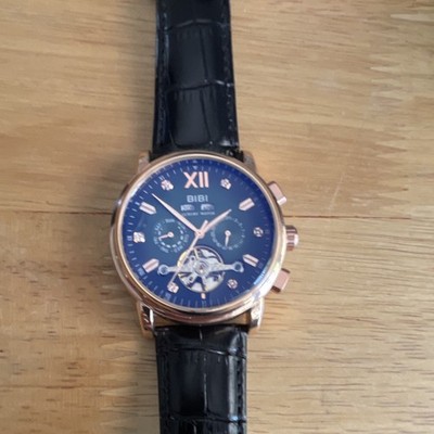 BIBI Luxury Men's Automatic Chronograph Watch Blue Dial Rose Gold Leather 3ATM