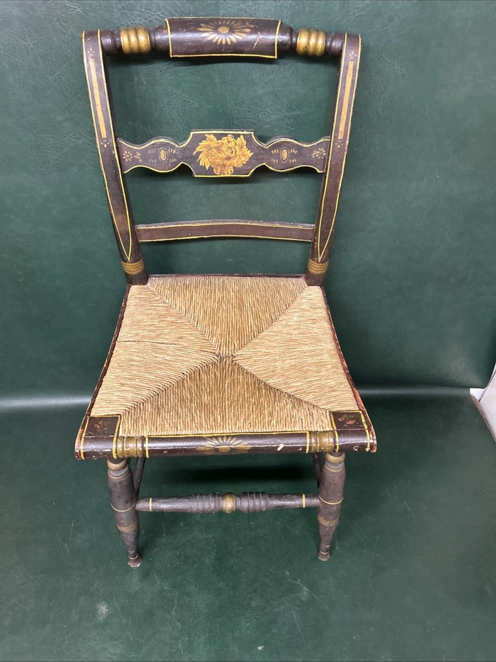 Silla de asiento Hitchcock Rush antigua con pintura estampada original Foto 2 de 4