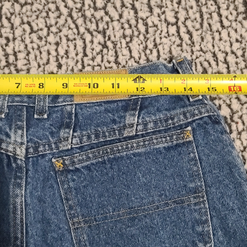L.L.Bean high-waisted mom jeans, blue denim, size 12, with yellow measuring tape across the waistband.