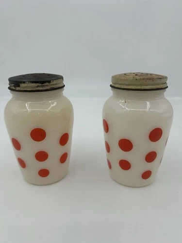 Anchor Hocking Fire King Milk Glass Red Dot Salt & Pepper Shakers VTG