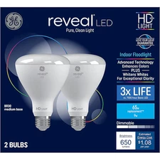 GE Reveal HD 65W BR30 LED Flood Light Bulb 2-Pack E26 Dimmable Color Enhance